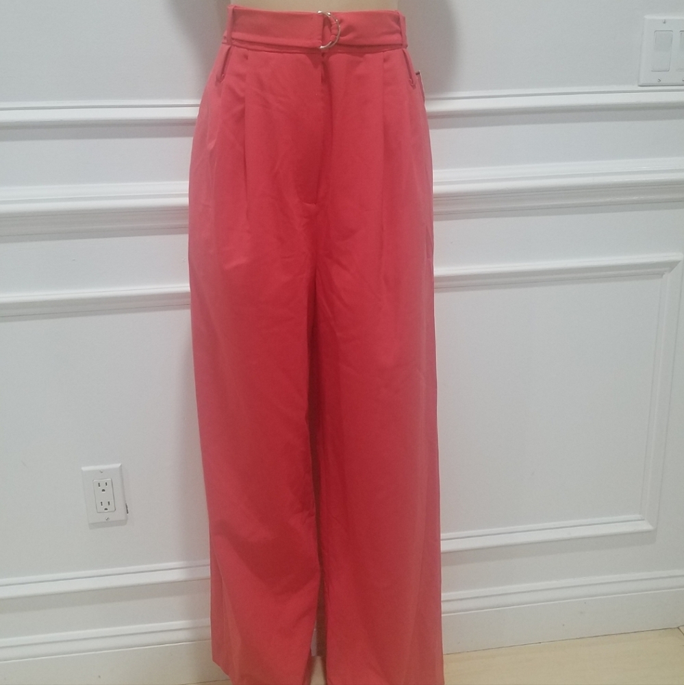 Tibi high waisted wide leg pants. Belted zipper front. Coral size 8
